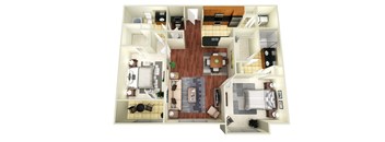 A 3D floor plan of a house with a living room, kitchen, dining room, and bedrooms.