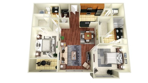 A 3D floor plan of a house with a living room, kitchen, dining room, and bedrooms.