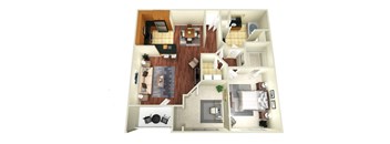A top down view of a house interior with a kitchen, living room, dining room, and bedrooms.