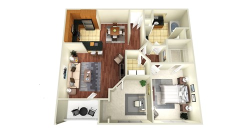 A top down view of a house interior with a kitchen, living room, dining room, and bedrooms.