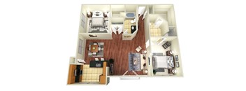 A 3D floor plan of a house with a kitchen, living room, and two bedrooms.
