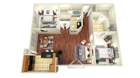 A 3D floor plan of a house with a kitchen, living room, and two bedrooms.