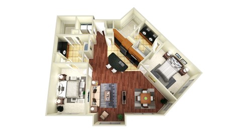 A floor plan of a house with a living room, kitchen, dining room, and bedrooms.