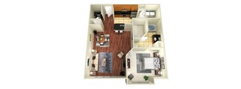 A 3D floor plan of a house with a kitchen, living room, and two bedrooms.