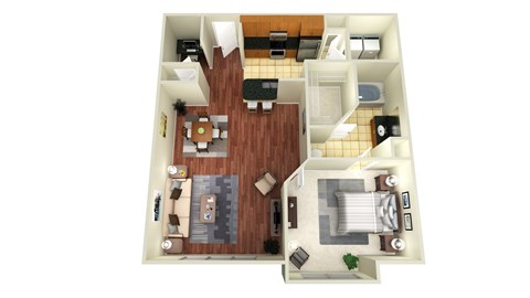 A 3D floor plan of a house with a kitchen, living room, and two bedrooms.