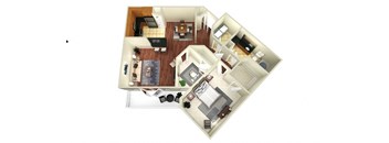 A top down view of a house with a kitchen, living room, and bedrooms.