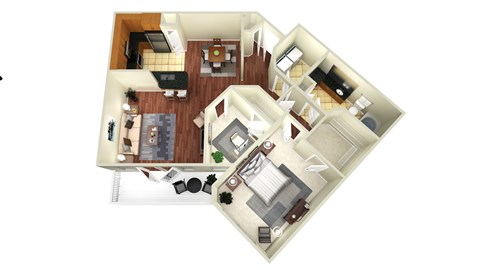 A top down view of a house with a kitchen, living room, and bedrooms.