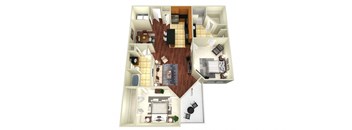 A top down view of a house with a kitchen, living room, dining room, and bathrooms.
