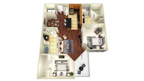 A top down view of a house with a kitchen, living room, dining room, and bathrooms.