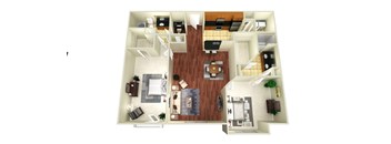 A top-down view of a house layout with a kitchen, living room, and bedrooms.
