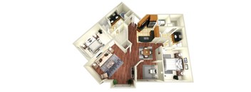 A 3D rendered image of a house layout.