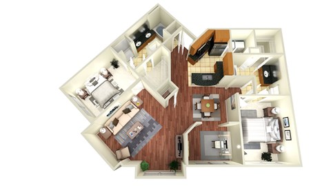A 3D rendered image of a house layout.
