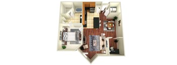 A top down view of a small apartment with a kitchen, living room, and bedroom.