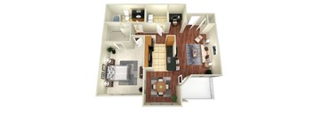 A floor plan of a house with a kitchen, living room, dining room, and bathrooms.