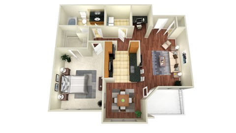 A floor plan of a house with a kitchen, living room, dining room, and bathrooms.