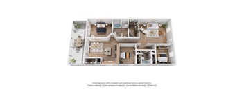 A 3D floor plan of a house with a kitchen, living room, and bedrooms.