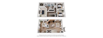 Two floor plans of a house with a kitchen, living room, bedrooms and bathrooms.