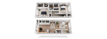 A 3D floor plan of a two-bedroom apartment with a living room, kitchen, and bathroom.