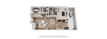 A 3D floor plan of a house with a kitchen, living room, and dining area.