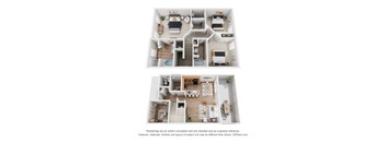 A 3D floor plan of a two-story house with a living room, kitchen, dining room, and bedrooms.