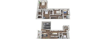 A top-down view of a two-story house with a garage and a living room with a couch and a coffee table.