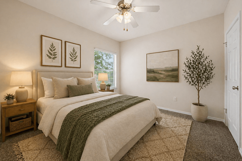 A bedroom with a large bed and a ceiling fan.