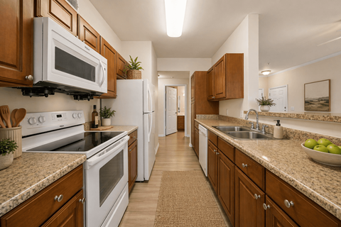 A kitchen with wooden cabinets and a white refrigerator.