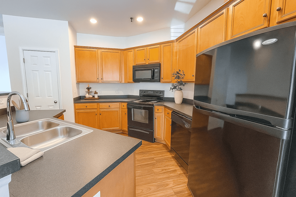 A kitchen with wooden cabinets and black appliances.