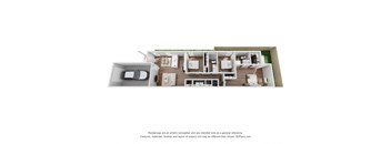 A 3D floor plan of a house with a kitchen, living room, and two bedrooms.