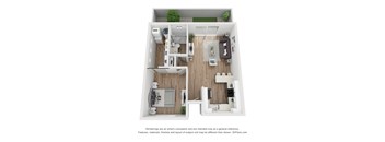 A 3D floor plan of a small apartment with a kitchen, living room, and bathroom.
