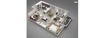A 3D rendered image of a modern apartment layout.