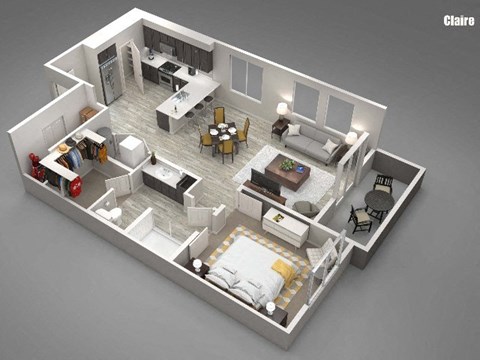 A 3D rendered image of a modern apartment layout.