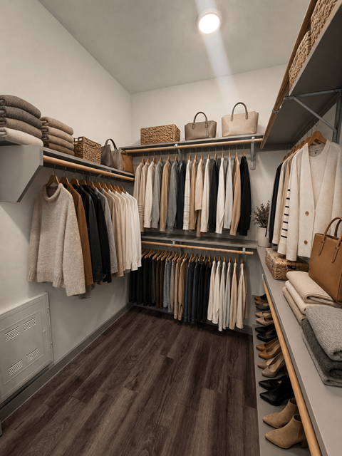 A walk in closet with a variety of clothes and shoes.