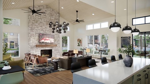A modern living room with a stone fireplace and a variety of seating options.