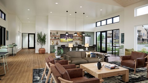 A modern living room with a wooden floor and furniture.