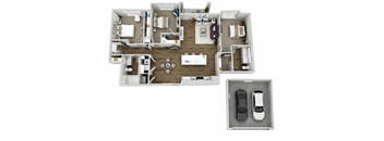 A floor plan of a house with two bedrooms, two bathrooms, a living room, a kitchen, and a garage with two cars.