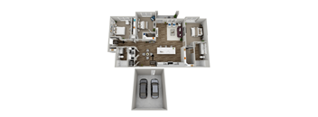 A floor plan of a house with two bedrooms, a living room, a dining room, a kitchen, a garage, and a main entrance.