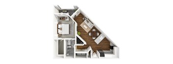 A top-down view of a house layout with a kitchen, living room, and bathroom.