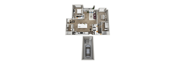 A floor plan of an apartment with a car garage.