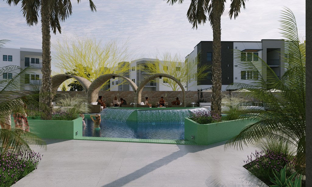 a swimming pool with palm trees and buildings in the background