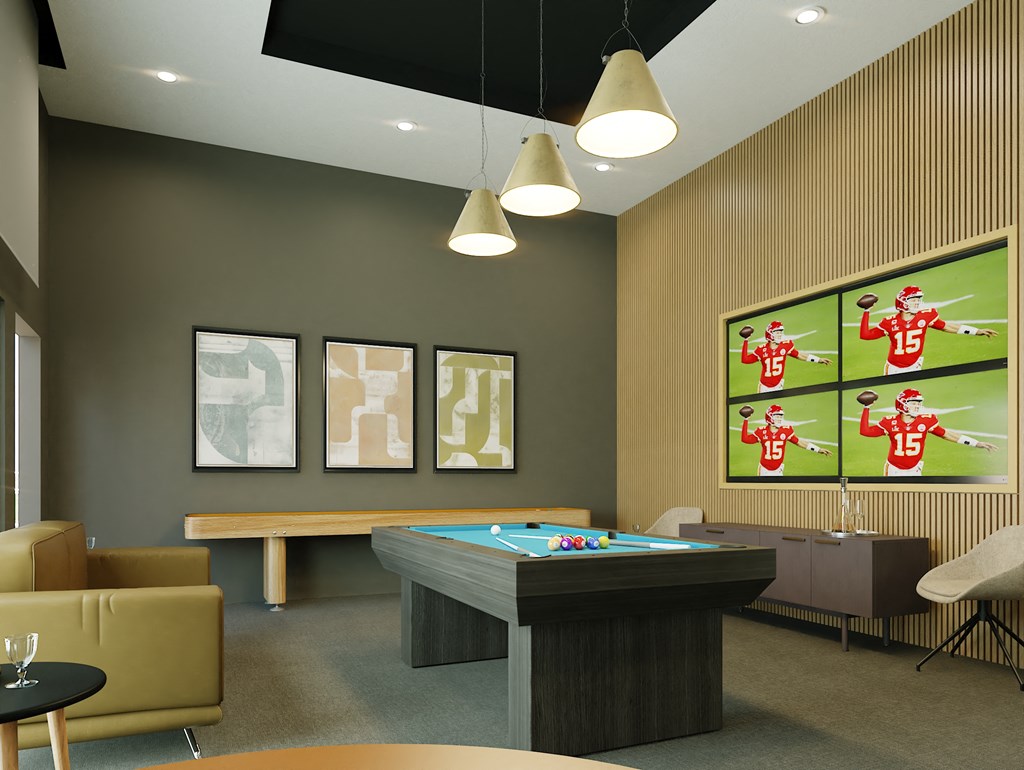 a game room with a pool table and a scoreboard