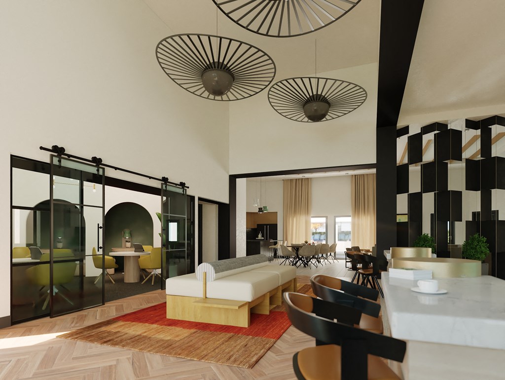 a rendering of a living room and dining room with glass doors