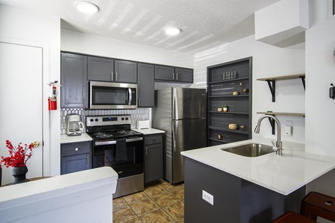 a kitchen with stainless steel appliances and black cabinets