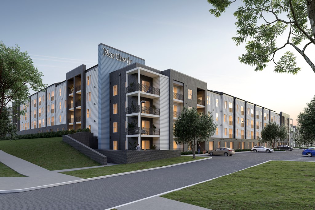 a rendering of a one section of the apartment building on a city street