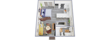 a top down view of a 1 bedroom apartment with a living room and kitchen