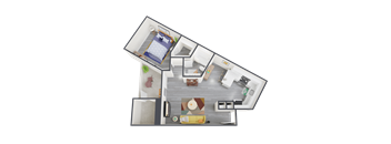 a bedroom with a bed and a chair in a room