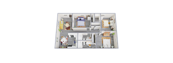 a 3d floor plan of a 3 bedroom apartment