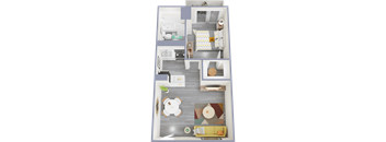 a 3d rendering of a 1 bedroom floor plan with a bathroom and living room