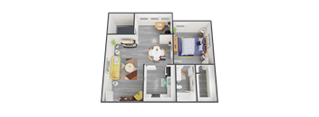 a top down view of a 3d floor plan with a bedroom and living room