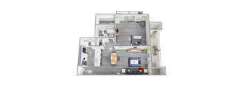 a sq. ft. apartment with gray wood flooring and a gray accent wall